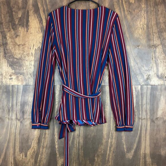 Ann Taylor Womens Blouse Multicolor Striped Belted Ruched Wrap Plunge Neck L - Picture 10 of 12